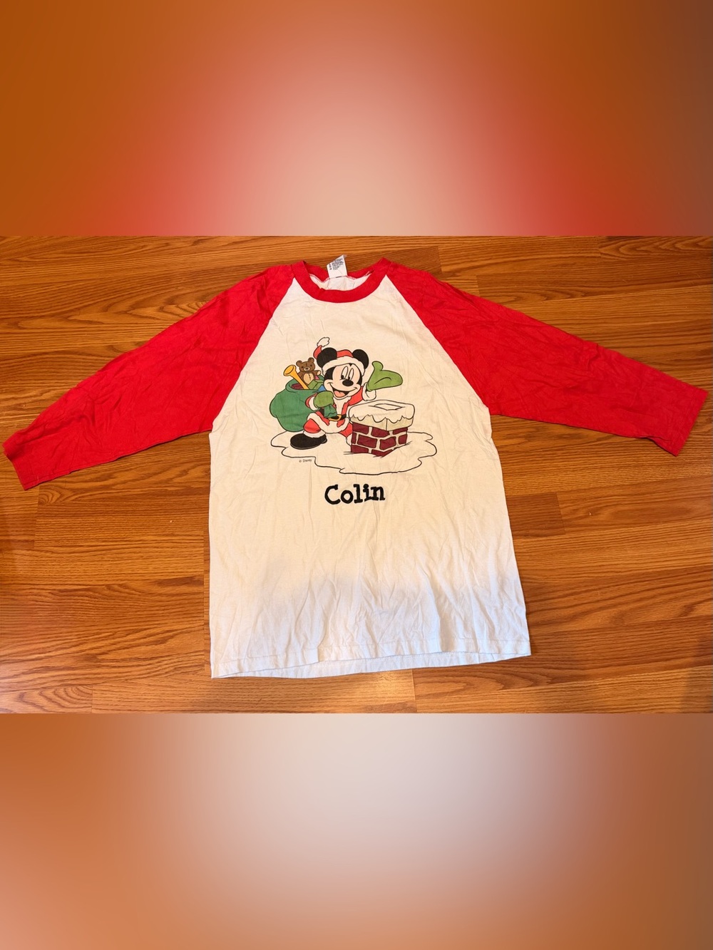 Vintage 90s Disney Mickey Mouse Christmas Raglan Shirt S Santa Chimney Anvi